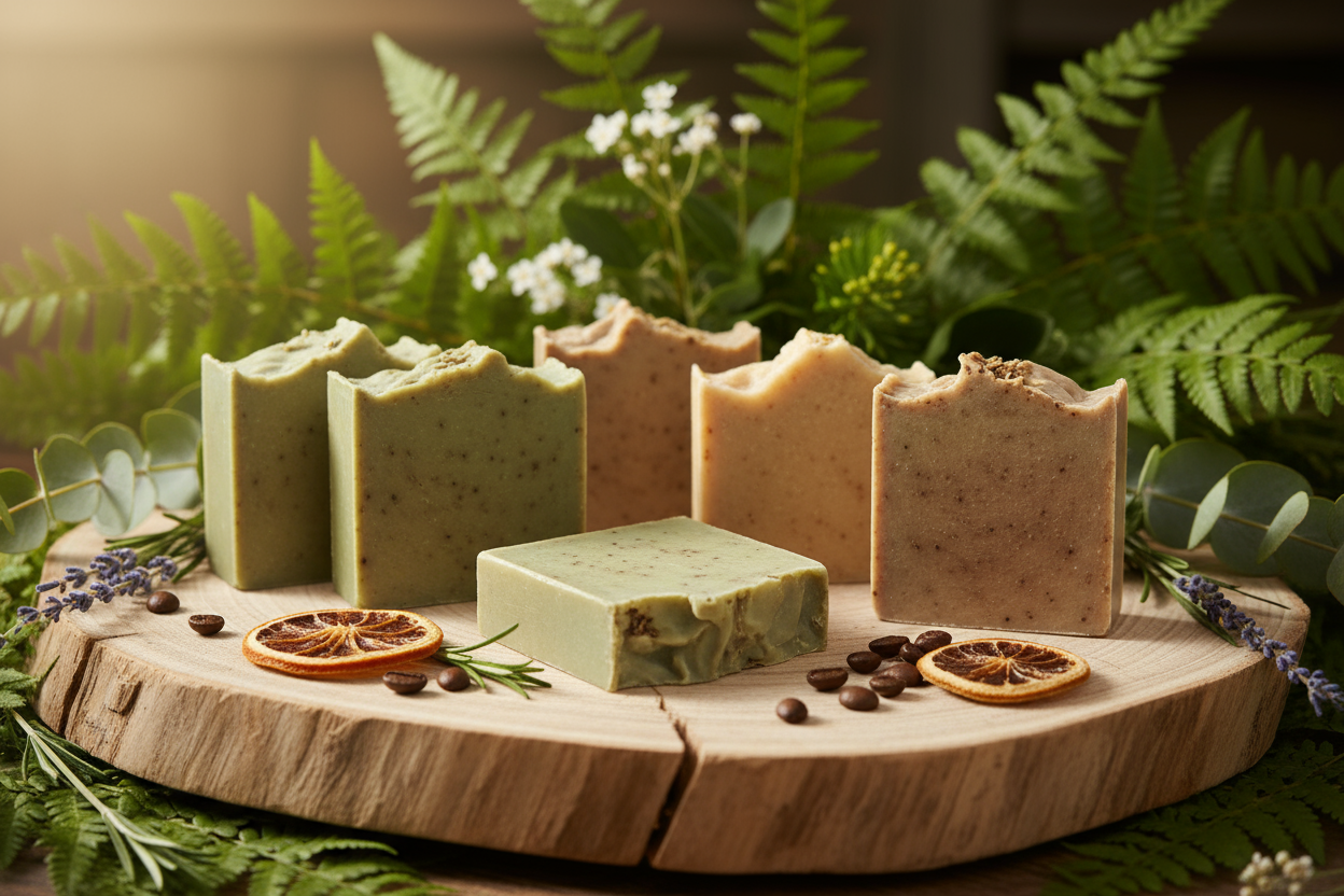 Product shot of organic soap, arranged in a wooden platform, set in a nature background.